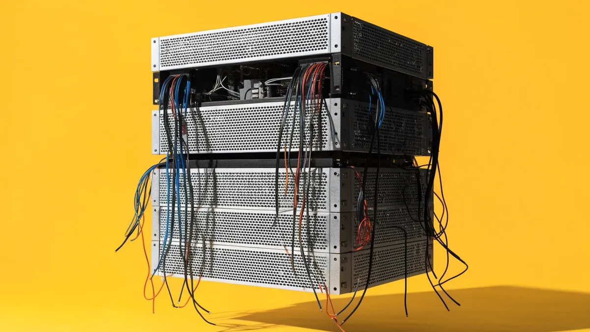 A rack of servers with no cables running out of it, cut out against a solid bright color.