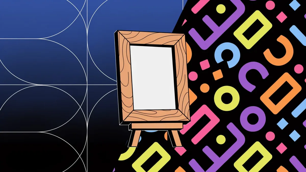 A wooden picture frame with a blank white center standing on a small easel, in front of a split background with blue and black geometric arcs on the left and a pattern of colorful shapes on a black field on the right.