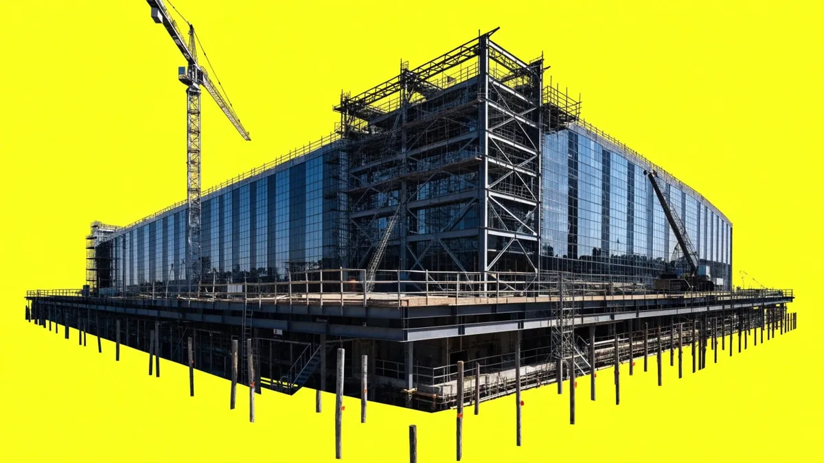 A data center campus under construction, cut out against a solid bright sky.