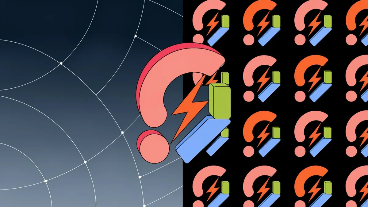 A large pink three-dimensional question mark with an orange lightning bolt and green and blue blocks, set against a split background: a dark navy-to-gray gradient with thin white arcs and nodes on the left, and a black panel repeating small copies of the same question mark, bolt and blocks on the right.