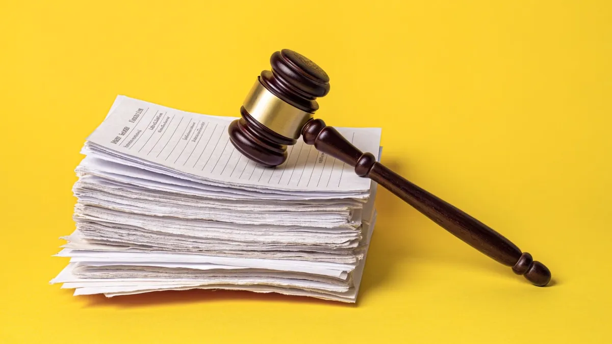 A stack of legal documents with a gavel, cut out against a solid bright color.