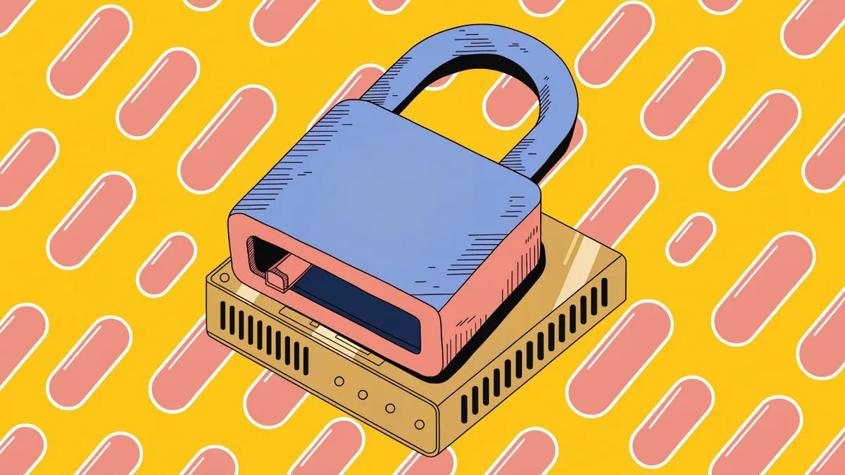 An illustration of a blue padlock with its shackle open, resting on a small brass server unit, on a yellow background patterned with salmon pill shapes.