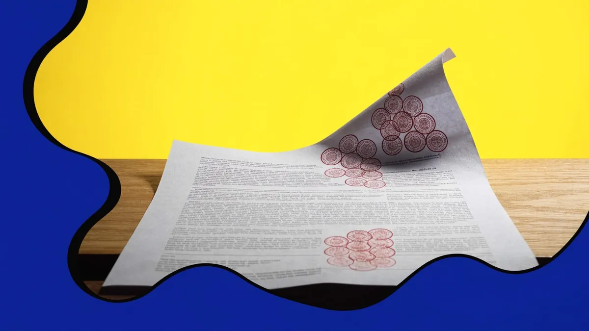 A stamped government rulemaking document lying on a desk, cut out against a solid bright color.