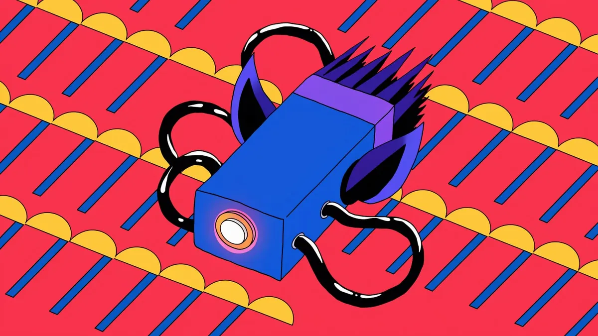 A blue rectangular block with a glowing round power button on one end, black cables looping out of its sides and purple spikes and fins rising from its top, on a red background patterned with yellow half-circles and blue diagonal bars.