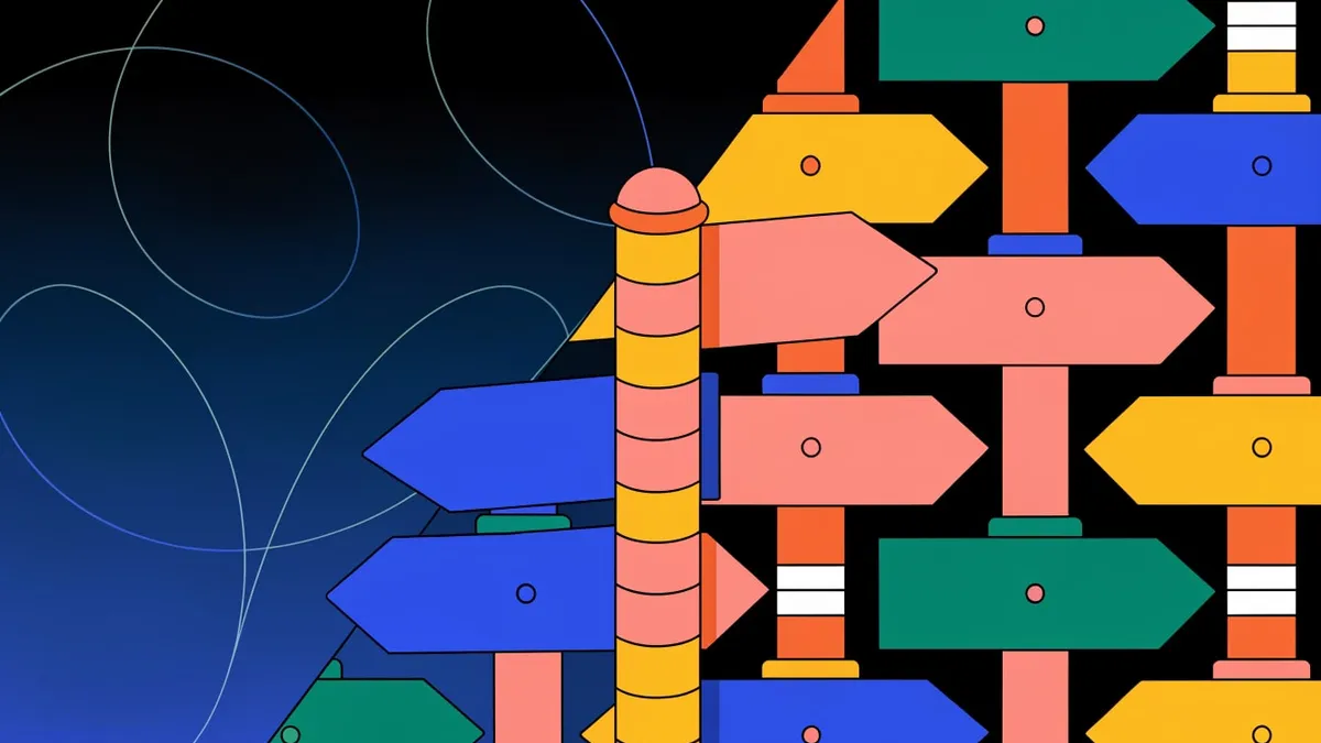A yellow and pink signpost with blue and pink arrow-shaped signs pointing left and right, beside rows of green, yellow, blue and pink signposts on a black panel, over a dark blue gradient with thin pale curved lines.