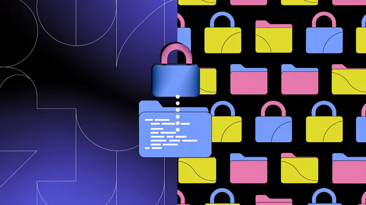 A padlock reopening over a folder of code, with a single short strand of commit-history dots trailing behind it.